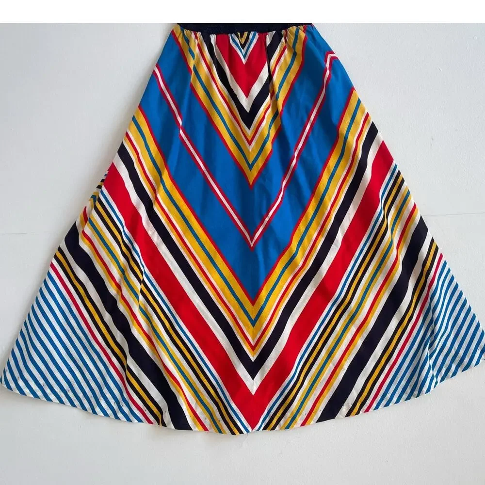 Vtg 70s Chevron Ruched Halter Sun Dress / XXS Women / Girls / Handmade Retro